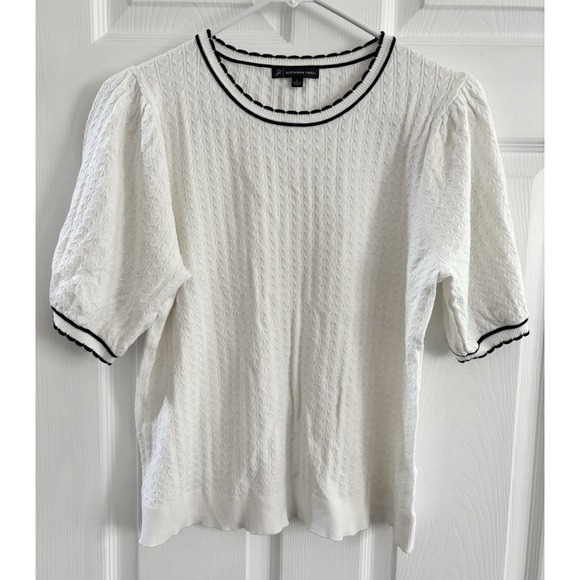 Adrianna Papell Sweaters - Adrianna Papell Ladylike Scalloped Edge Short Sleeve Sweater Size Large Wht/Navy